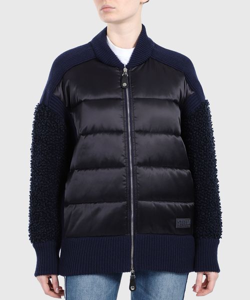 blue quilted puffer jacket