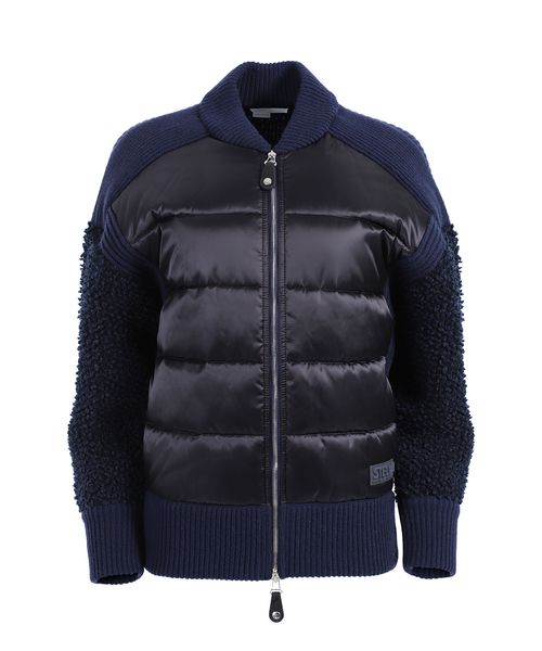 blue quilted puffer jacket